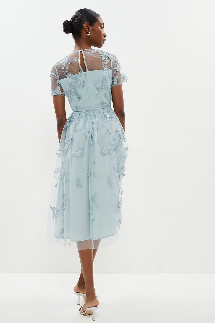 3d Embroidered Butterfly Mesh Midi Dress